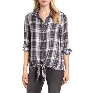 Bobeau tie front plaid shirt